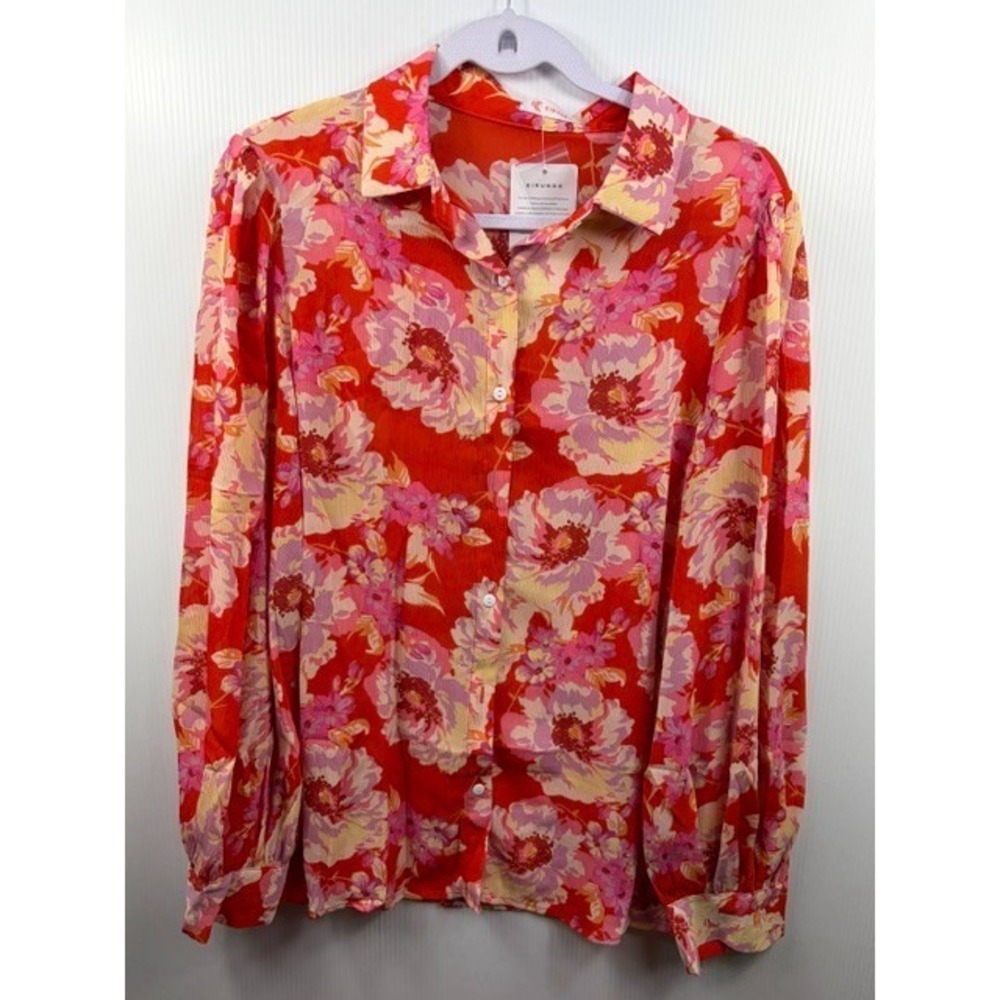 Kirundo Blouse Large Red Floral Long Sleeve Button Up Cottagecore Boho Festival‎